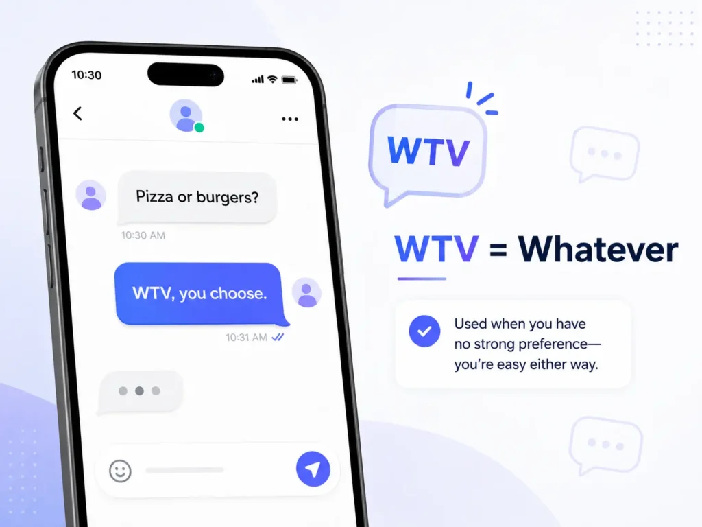 WTV meaning in texting example showing “WTV, you choose” to explain that WTV means “whatever” and can show no strong preference.