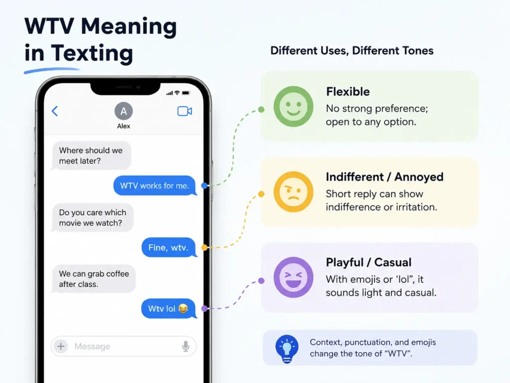 WTV meaning in texting infographic showing flexible, annoyed, and playful uses of WTV with chat examples, emojis, and tone explanations.