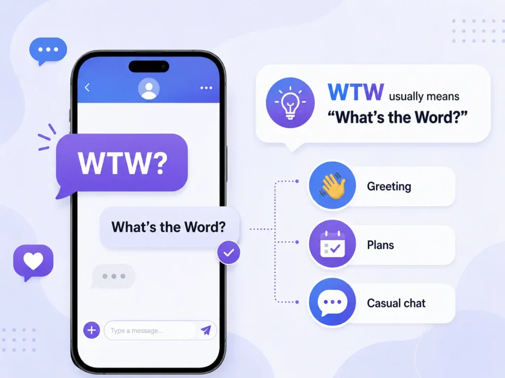 WTW meaning guide showing “WTW?” as “What’s the Word?” with examples for greetings, plans, and casual chat.