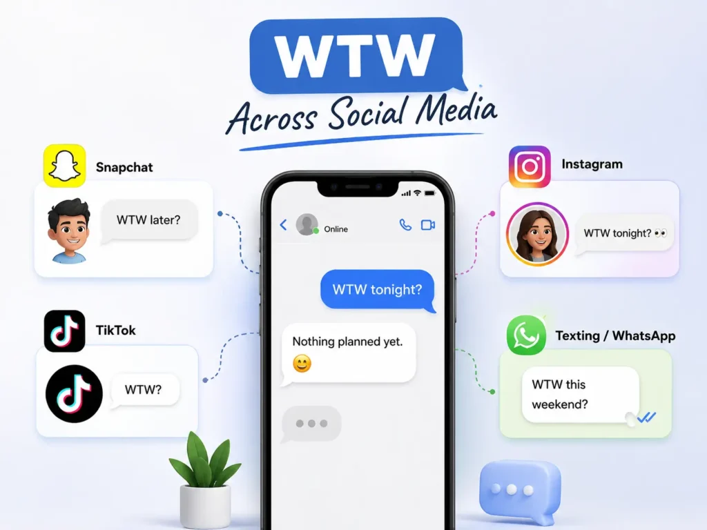 WTW meaning on social media showing examples of WTW in Snapchat, Instagram, TikTok, WhatsApp, and texting conversations.