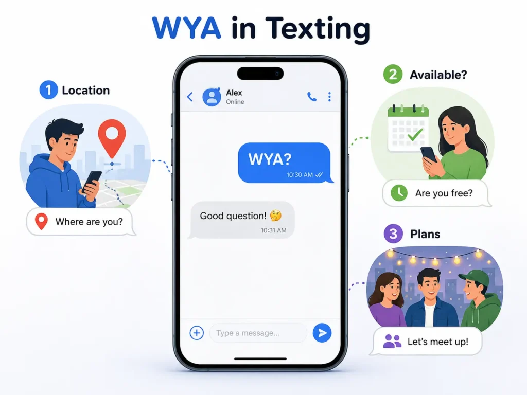 WYA in texting infographic showing that WYA can ask about someone’s location, availability, or plans.