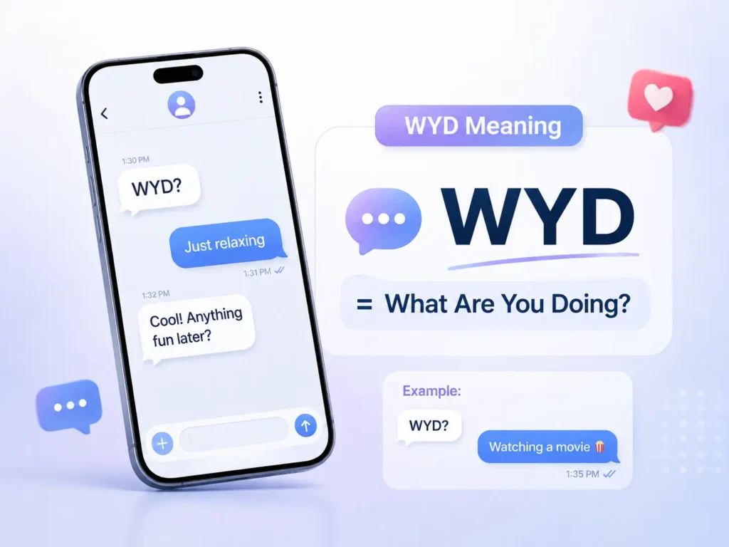 WYD meaning infographic showing “WYD?” in a text conversation and explaining it as “What Are You Doing?” with simple reply examples.