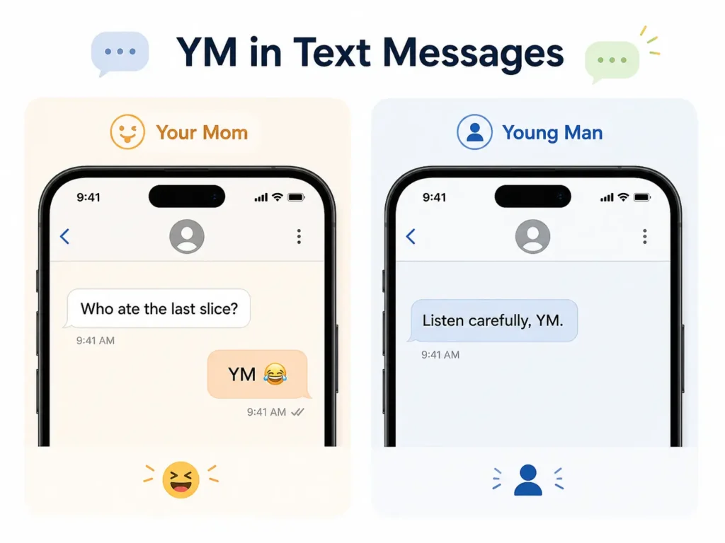 YM in text messages infographic comparing “Your Mom” as a playful reply with “Young Man” in a direct form of address, shown through two smartphone chat examples.