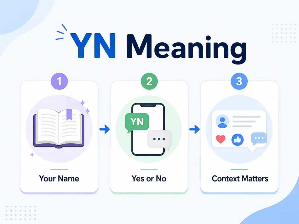 YN meaning infographic showing Your Name, Yes or No, and Context Matters with fanfiction, texting, and social media icons.