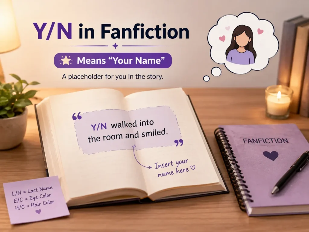 Y/N in fanfiction infographic showing that Y/N means “Your Name,” with a reader-insert story example and related placeholders like L/N, E/C, and H/C.