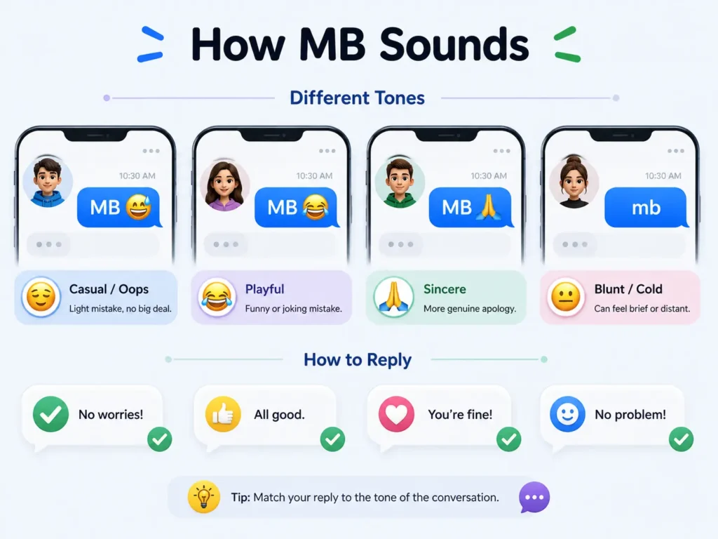 MB tone infographic showing casual, playful, sincere, and blunt meanings of MB with examples of how to reply, including “No worries,” “All good,” and “No problem.”