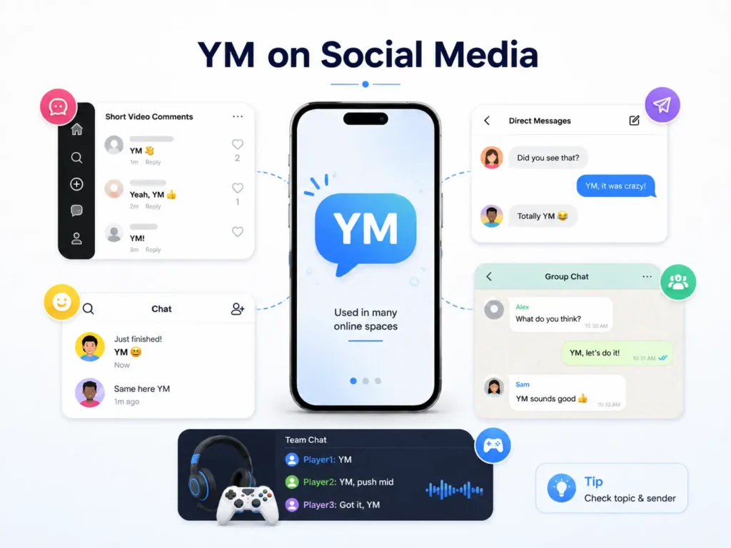 YM on social media infographic showing the abbreviation used in short-video comments, direct messages, group chats, general chats, and gaming conversations, with a reminder to check the topic and sender.