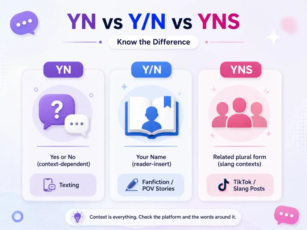 YN vs Y/N vs YNS infographic comparing Yes or No, Your Name in fanfiction, and the related plural slang form used on social media.
