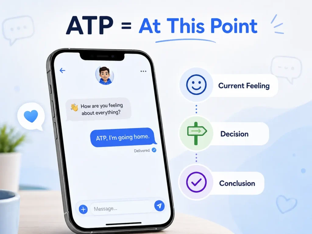 ATP meaning in text showing “At This Point” with a smartphone chat example and visual guide for current feeling, decision, and conclusion.
