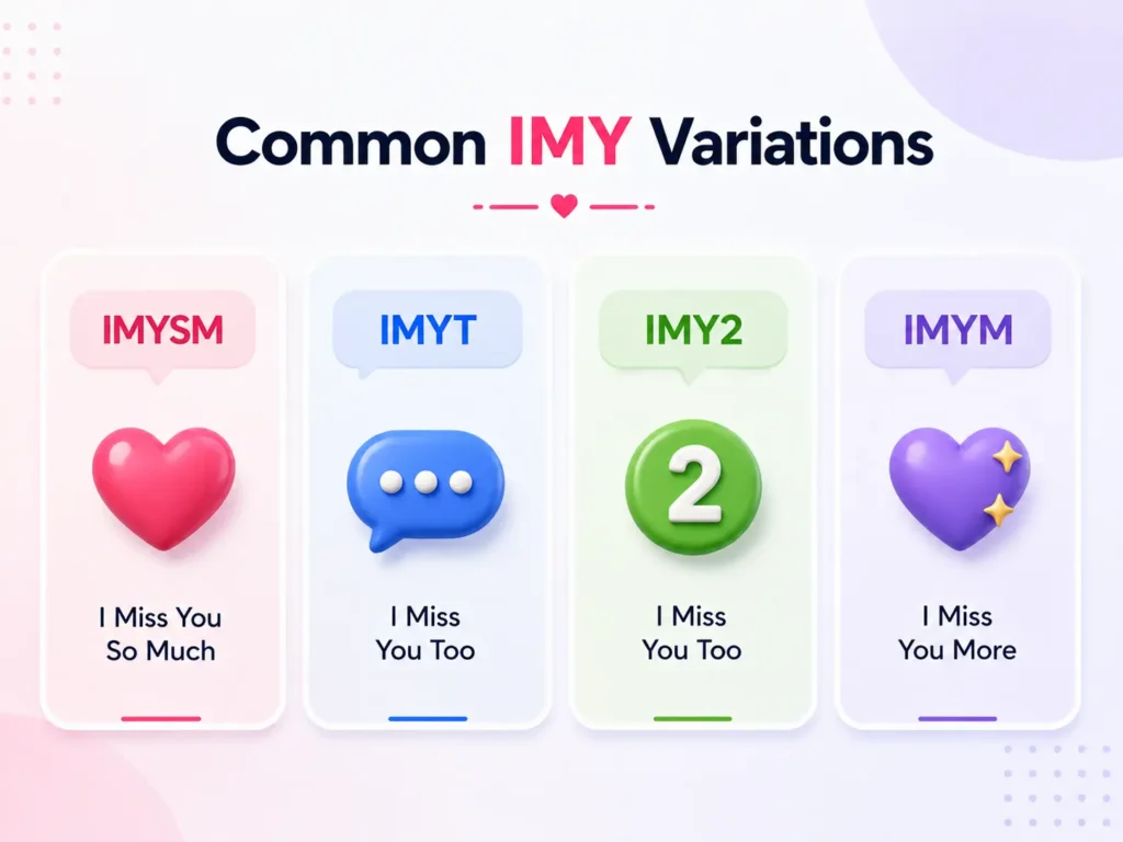 Common IMY variations infographic showing IMYSM, IMYT, IMY2, and IMYM with their meanings.