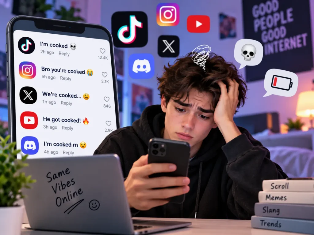 Cooked meaning on social media showing a stressed user reading “I’m cooked” comments across TikTok, Instagram, X, YouTube, and Discord.