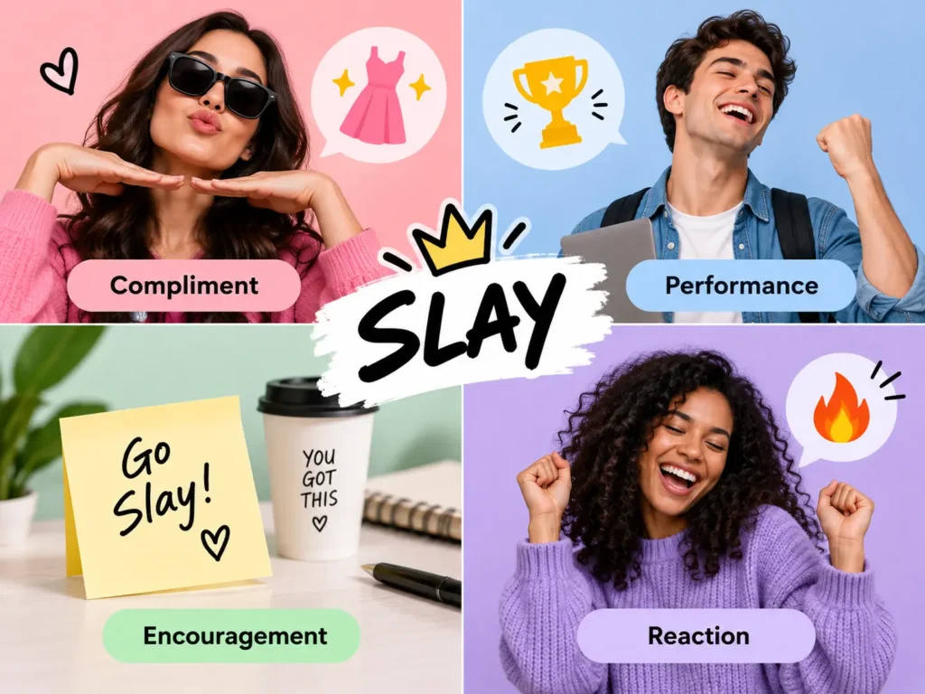 Slay meaning slang infographic showing slay used as a compliment, performance praise, encouragement, and positive reaction.