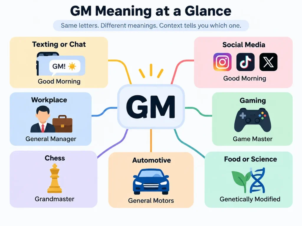 GM meaning at a glance infographic showing Good Morning in texting and social media, plus General Manager, Game Master, Grandmaster, General Motors, and Genetically Modified.