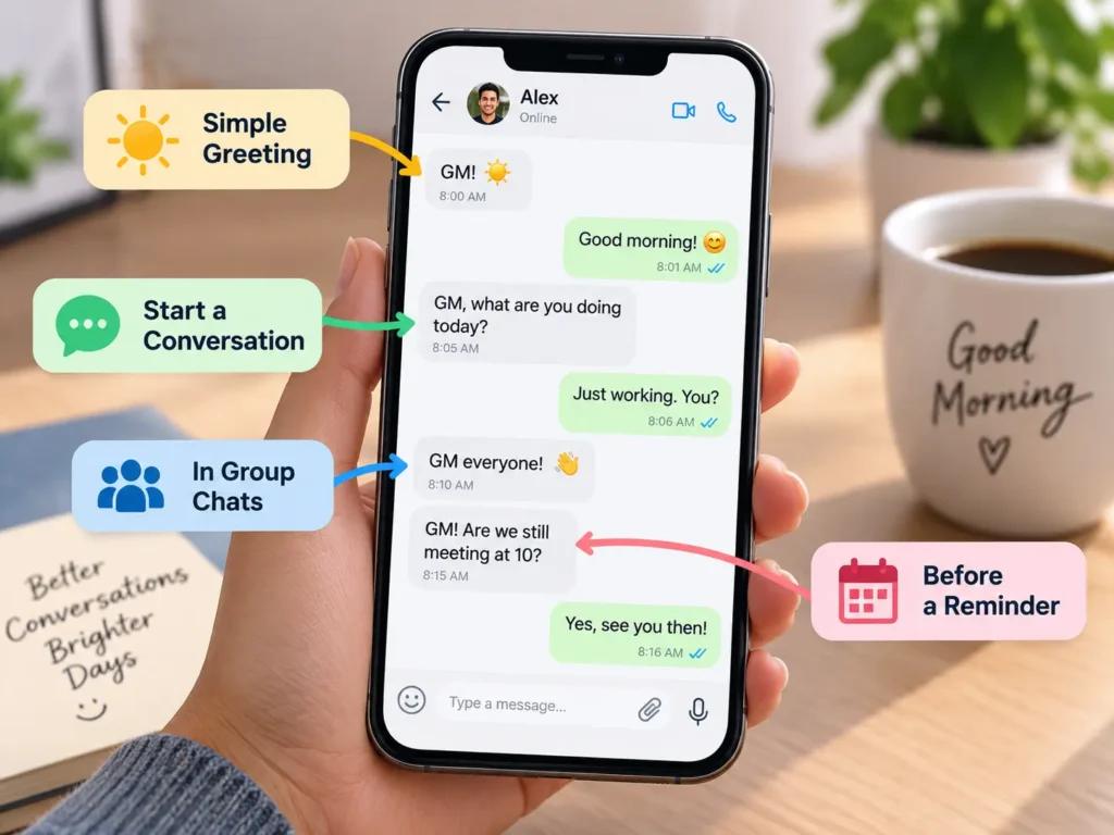 GM texting examples infographic showing how “GM” is used as a simple greeting, conversation starter, group chat message, and polite reminder.