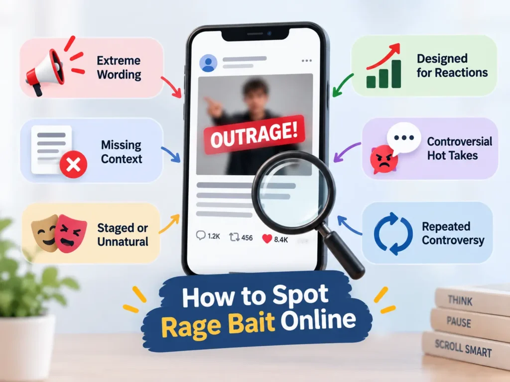 Infographic showing how to spot rage bait online using signs like extreme wording, missing context, staged content, controversial hot takes, and repeated attempts to trigger reactions.