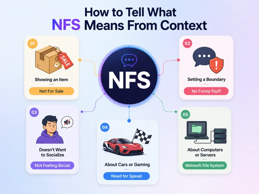 NFS context infographic showing five meanings: Not For Sale, No Funny Stuff, Not Feeling Social, Need for Speed, and Network File System.