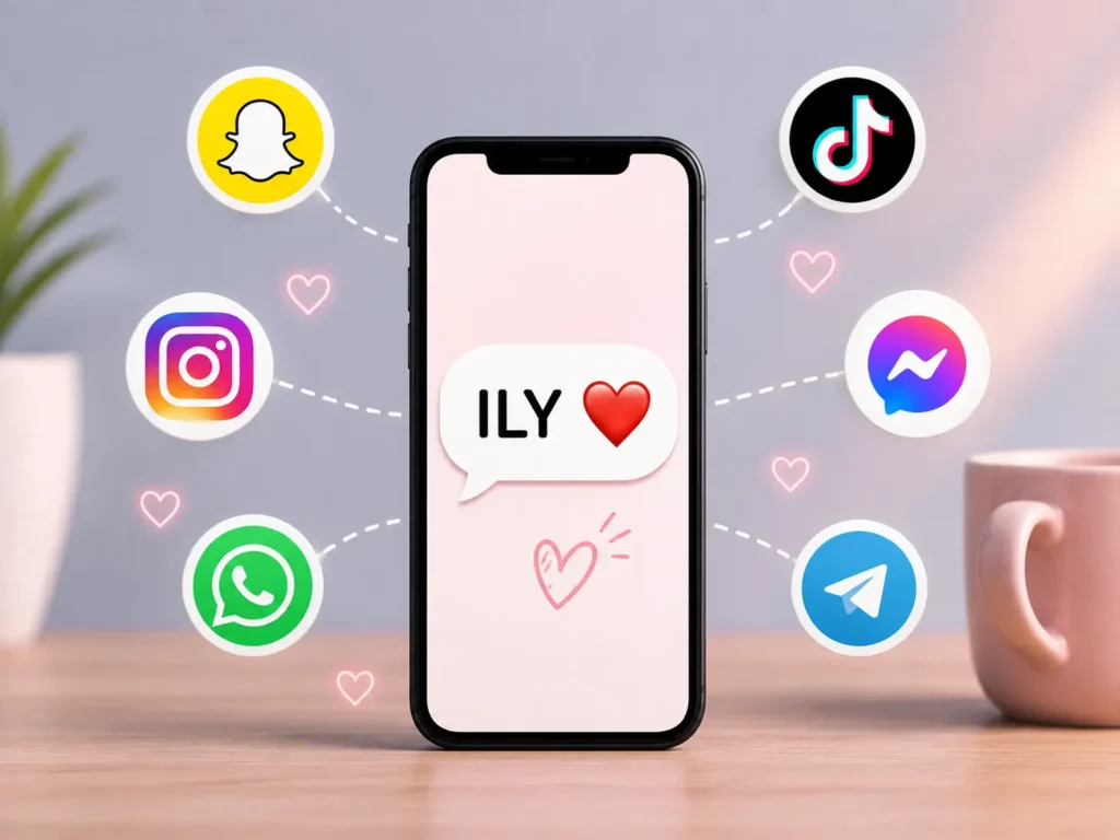 ILY meaning on social media showing “I Love You” in a smartphone message with Snapchat, Instagram, TikTok, WhatsApp, Messenger, and Telegram icons.