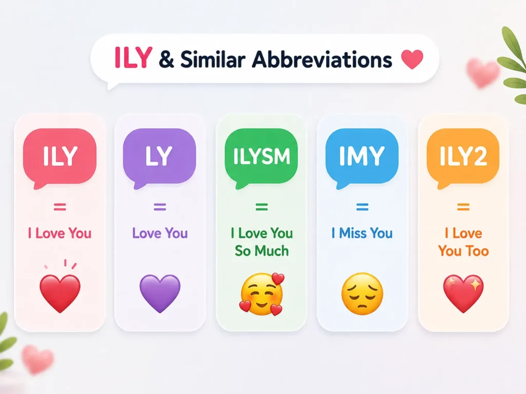 ILY meaning and similar texting abbreviations showing ILY, LY, ILYSM, IMY, and ILY2 with their meanings.