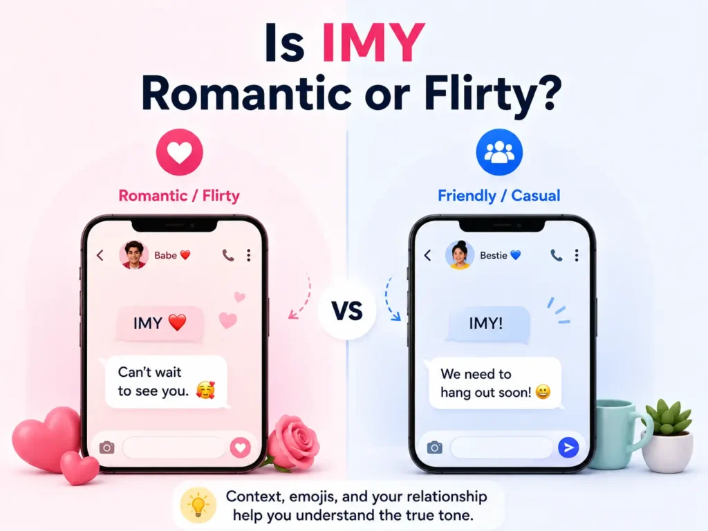 IMY romantic or flirty meaning infographic comparing affectionate and friendly texting examples with context clues.