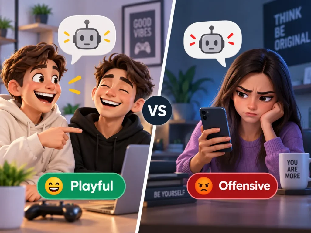 NPC slang infographic showing playful teasing between friends versus offensive use that can feel insulting or dismissive.