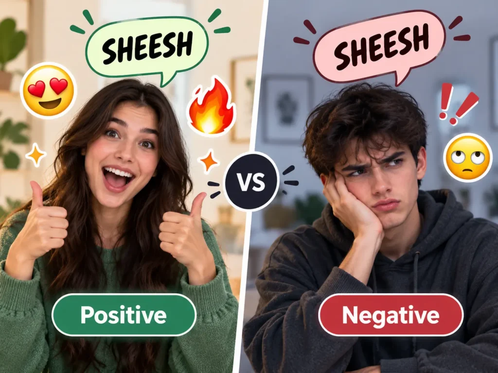 Sheesh meaning slang infographic showing positive admiration on one side and negative frustration on the other to explain how context changes the meaning.