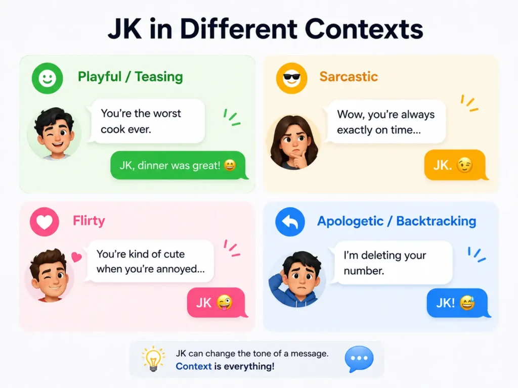 JK meaning in different contexts showing playful, sarcastic, flirty, and apologetic uses of “Just Kidding” in text messages.