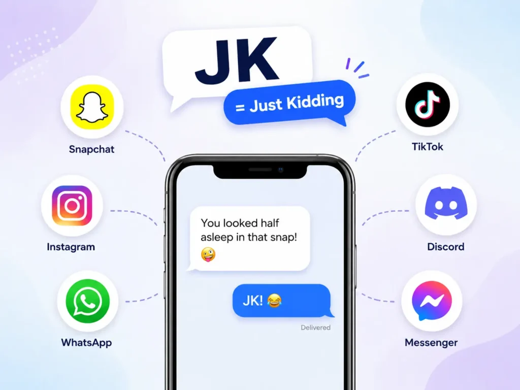 JK meaning on social media showing “Just Kidding” in a text message across Snapchat, Instagram, TikTok, WhatsApp, Discord, and Messenger.