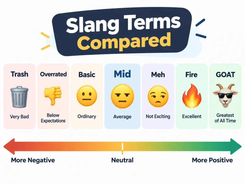Mid slang comparison infographic showing mid, meh, basic, overrated, trash, fire, and GOAT from negative to positive.