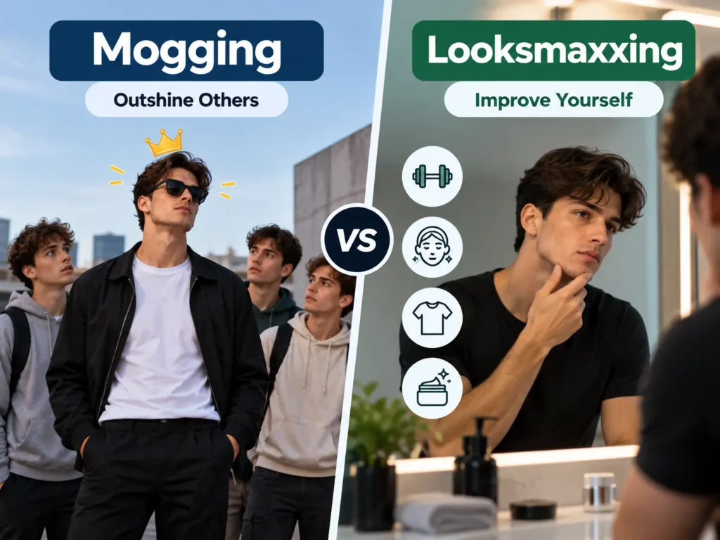 Mogging vs looksmaxxing comparison image showing one person outshining others while another focuses on self-improvement through grooming, fitness, skincare, and style.
