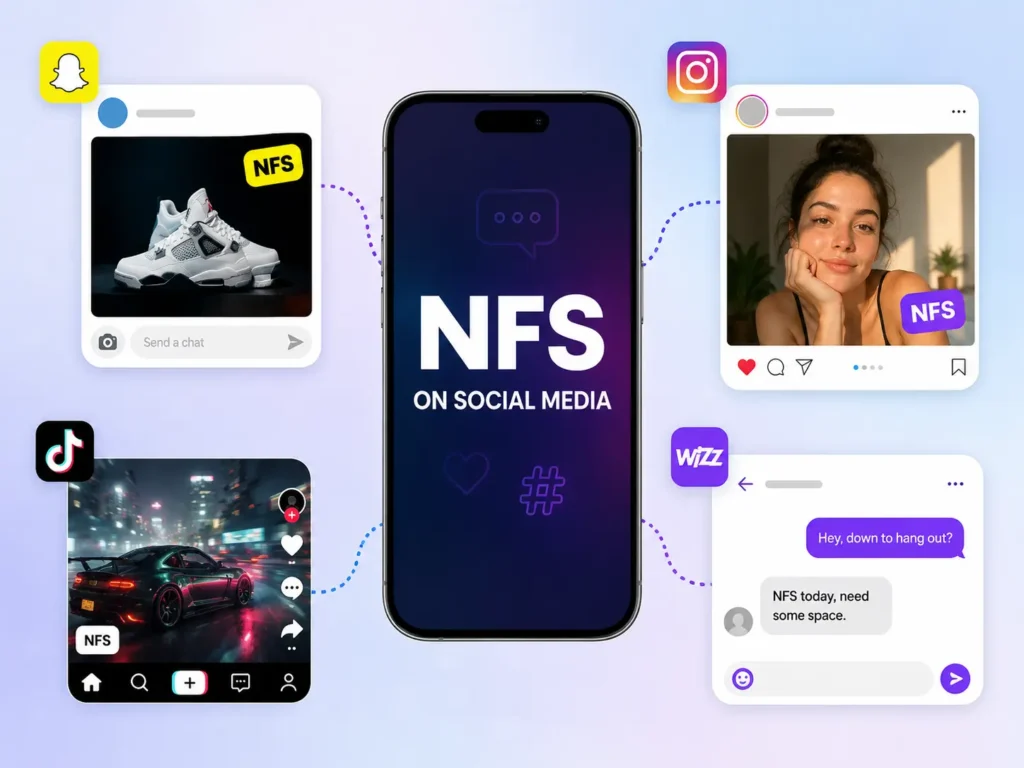 NFS on social media infographic showing examples on Snapchat, Instagram, TikTok, and Wizz with product, selfie, gaming, and chat contexts.