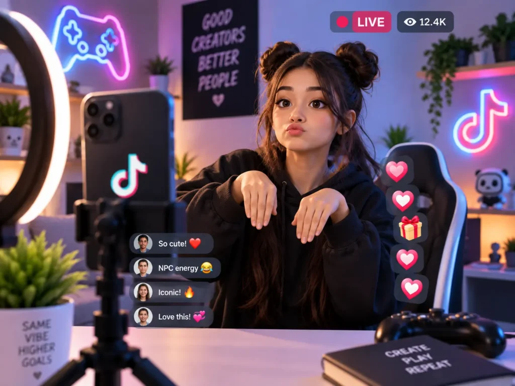 NPC TikTok Live trend illustration showing a creator performing repetitive NPC-style actions during a livestream with viewer comments, reactions, and virtual gifts.