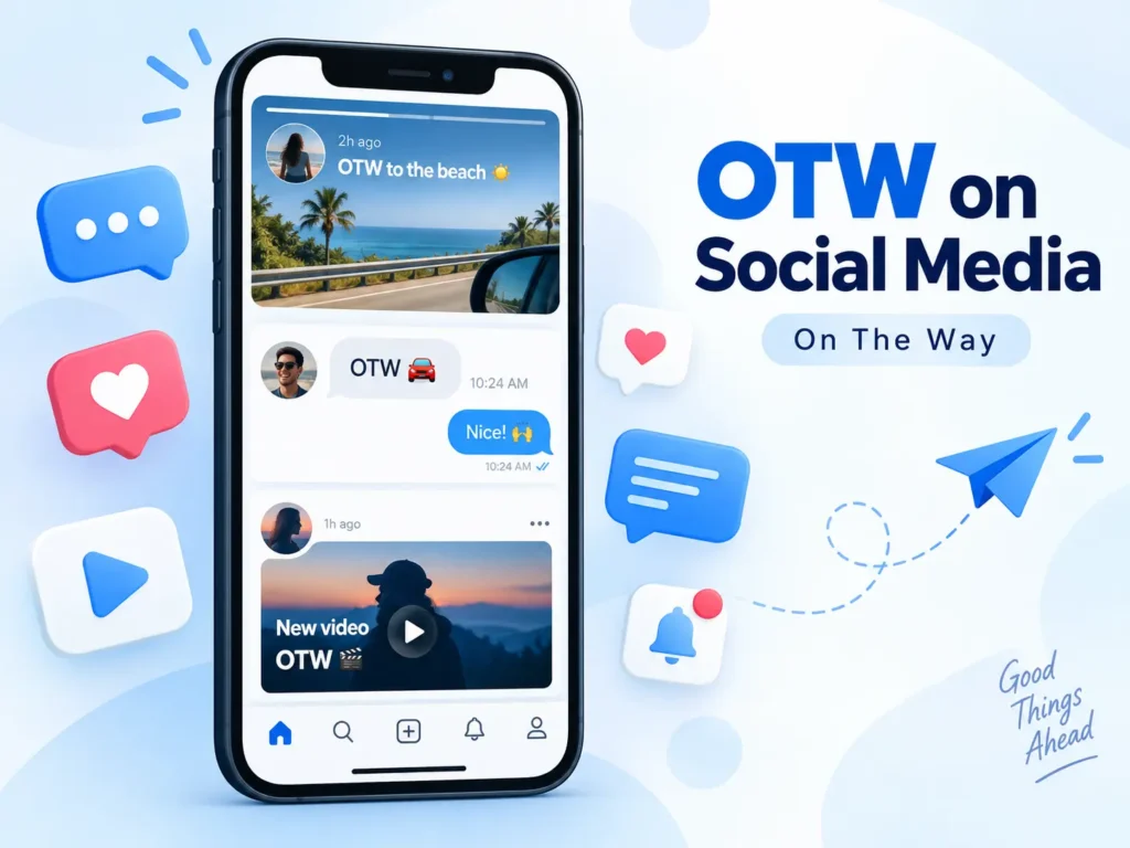 OTW on social media meaning “On The Way,” shown with a smartphone, social posts, chat messages, and notification icons.