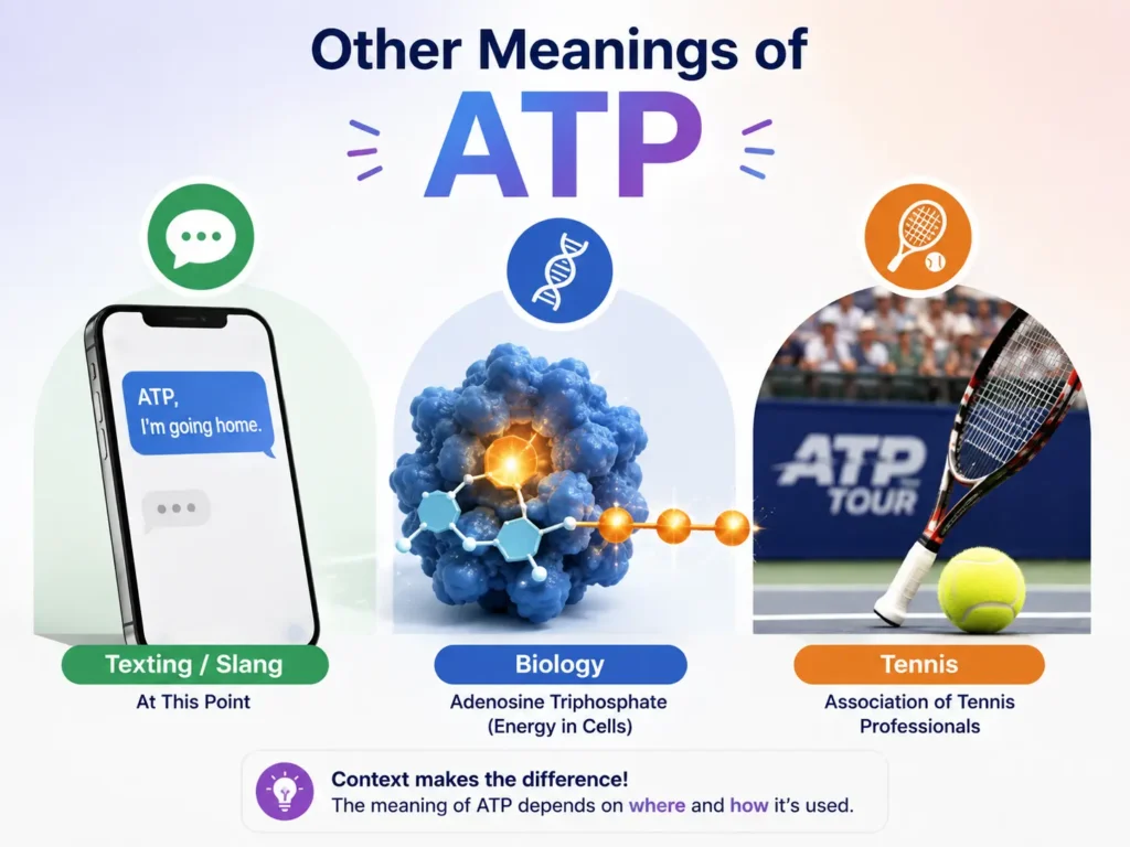 Other meanings of ATP showing “At This Point” in texting, adenosine triphosphate in biology, and the Association of Tennis Professionals in tennis.