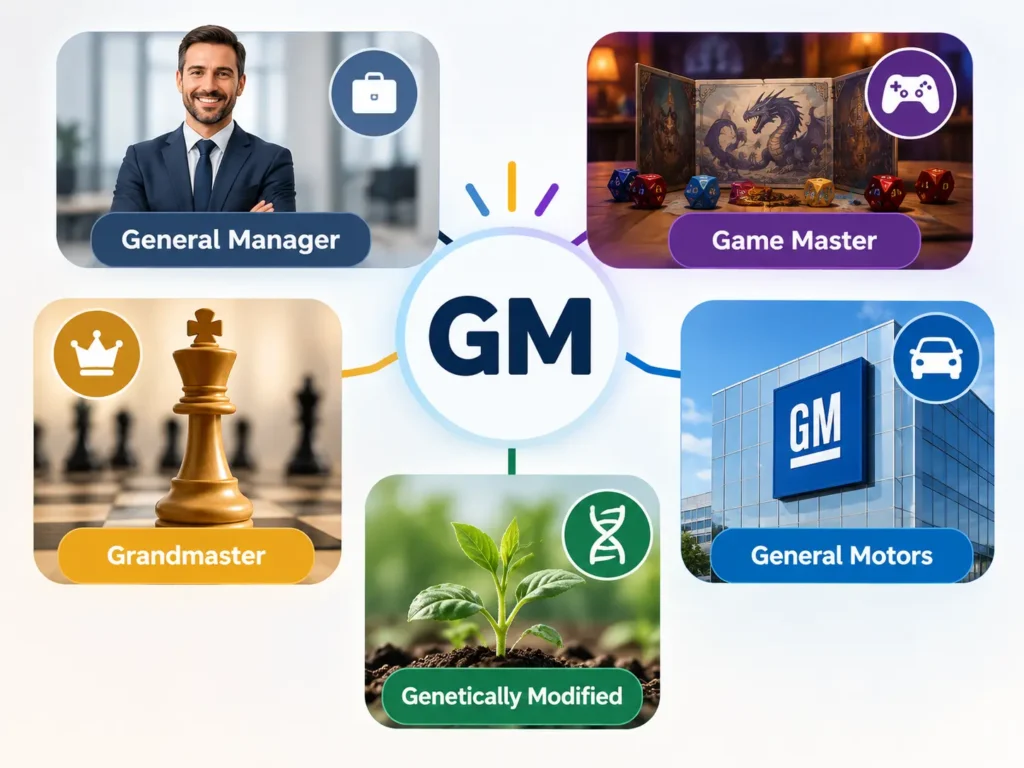 GM meanings infographic showing General Manager, Game Master, Grandmaster, General Motors, and Genetically Modified with clear visual examples.