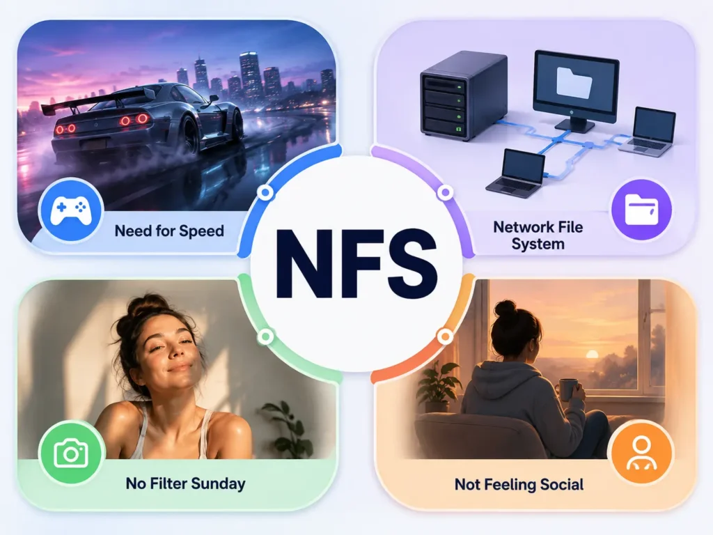 NFS meanings infographic showing Need for Speed, Network File System, No Filter Sunday, and Not Feeling Social with clear visual examples.