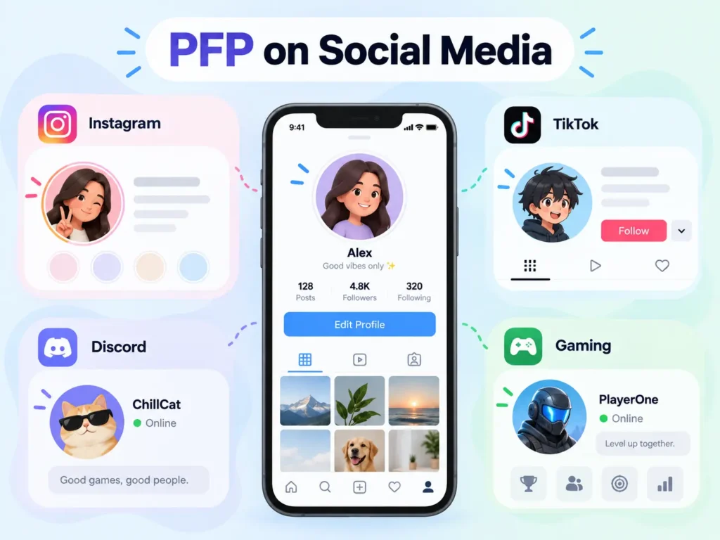 PFP on social media infographic showing profile picture examples on Instagram, TikTok, Discord, and gaming platforms.