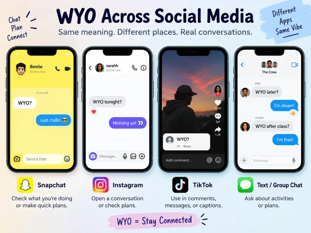 WYO meaning across social media showing examples on Snapchat, Instagram, TikTok, and group chats where WYO is used to ask about activities and plans.