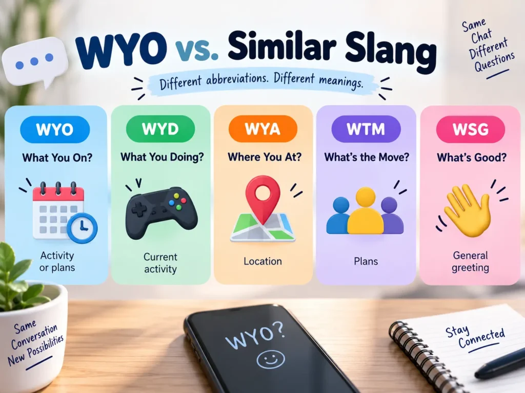 WYO vs similar slang infographic comparing WYO, WYD, WYA, WTM, and WSG by their meanings and common uses in texting.
