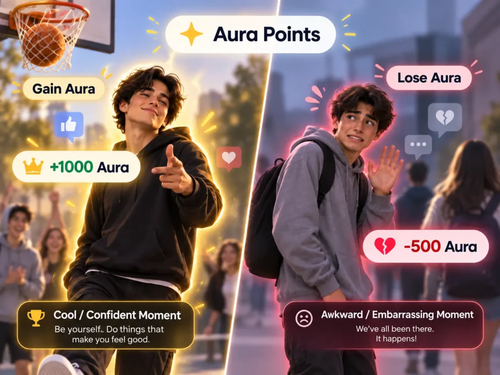 Aura points infographic showing how confident moments can gain +1000 aura while awkward moments can lose -500 aura.