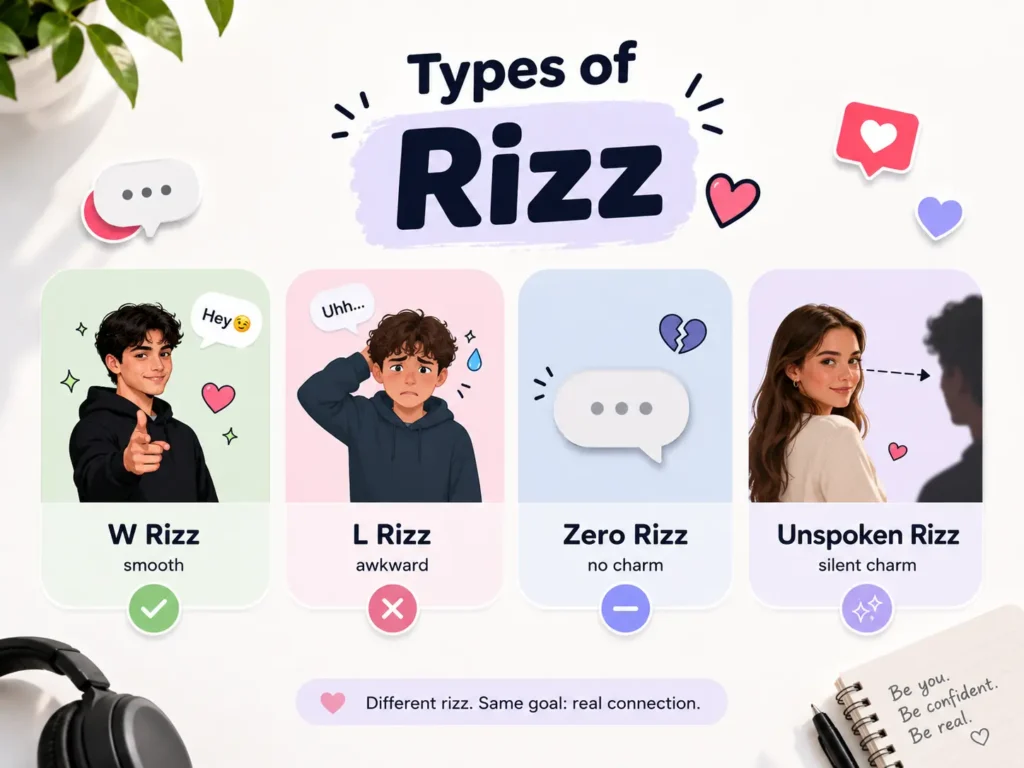 Types of rizz infographic showing W rizz, L rizz, zero rizz, and unspoken rizz with simple visual examples.