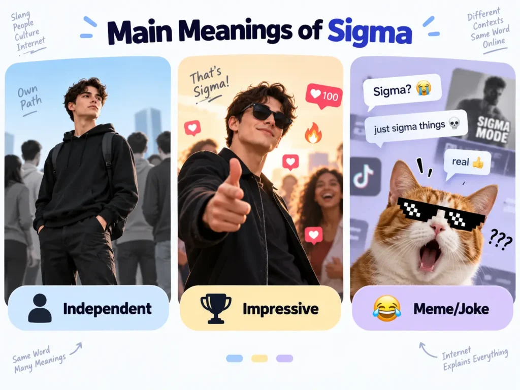 Main meanings of sigma slang infographic showing sigma as independent, impressive, and a meme or joke in online culture.
