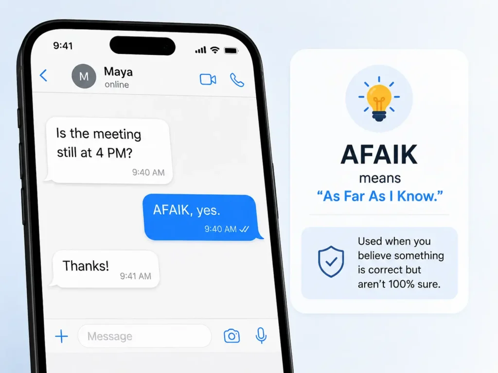 AFAIK meaning in texting shown in a chat example where “AFAIK, yes” means “As Far As I Know.”