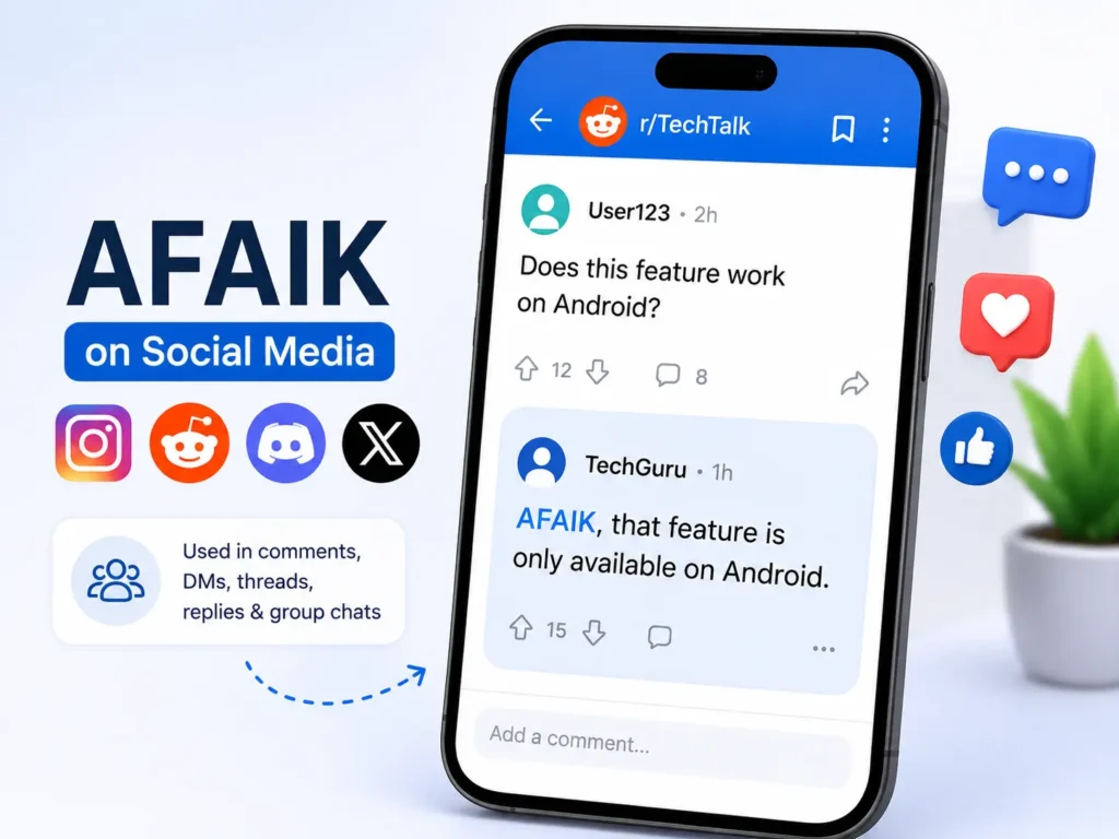 AFAIK meaning on social media shown in an online discussion example with AFAIK used in comments, DMs, threads, and group chats.