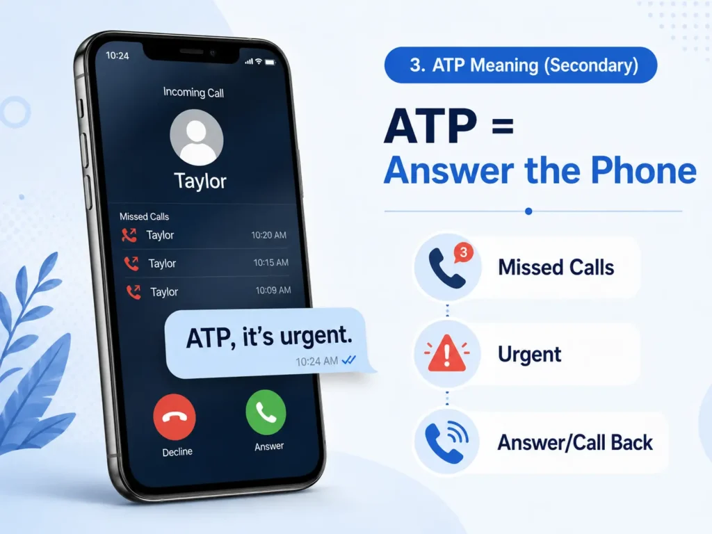 ATP meaning as “Answer the Phone” shown with missed calls, an urgent message, and a call-back guide on a smartphone.