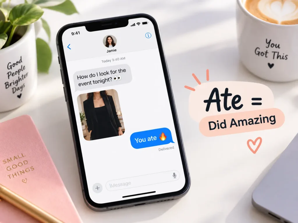Ate meaning in texting image showing a phone conversation where “You ate” means someone did an amazing job.
