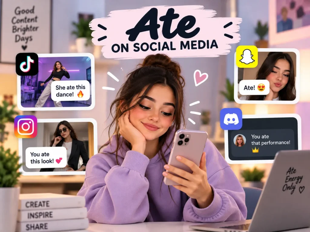 Ate meaning on social media image showing TikTok, Instagram, Snapchat, and Discord examples where “ate” is used as praise for outfits, dances, and performances.