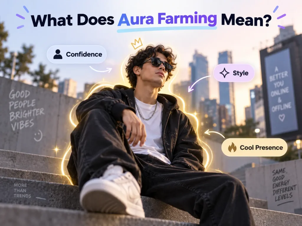 What does aura farming mean graphic showing a confident, stylish person representing confidence, style, and cool presence.
