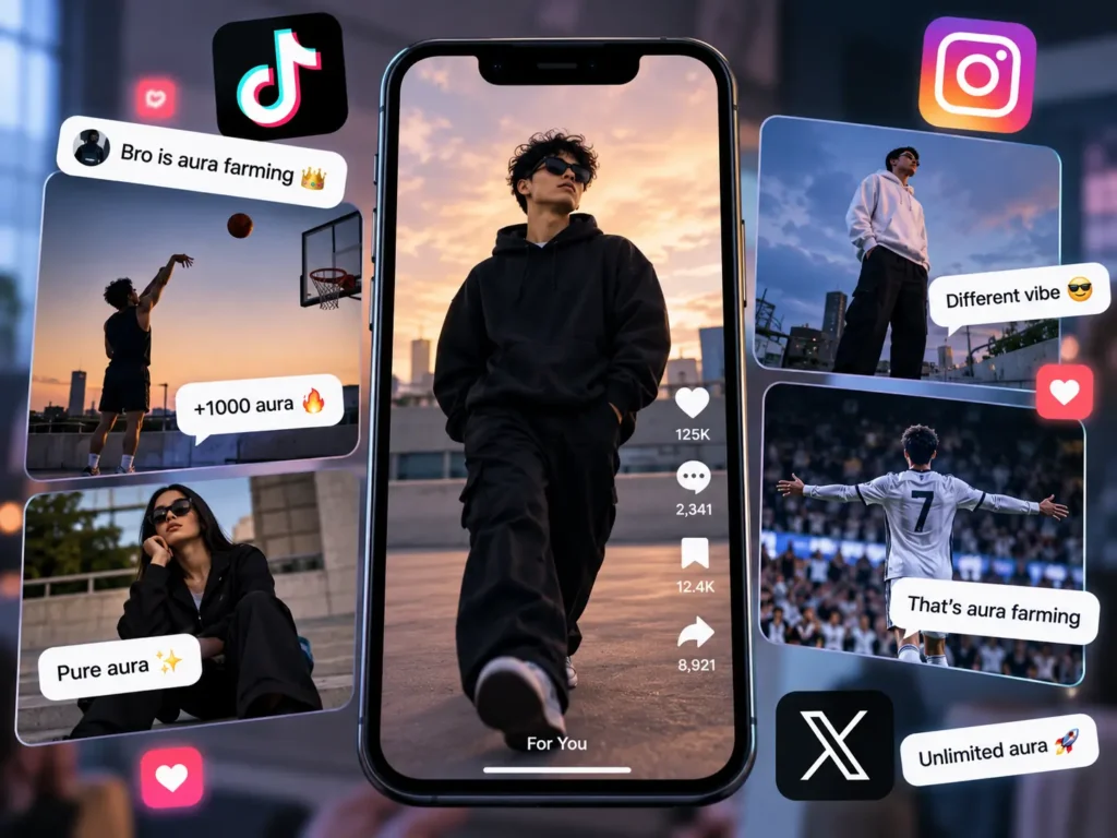 Aura farming on TikTok and social media shown through confident poses, sports moments, stylish outfits, and viral comments about gaining aura.