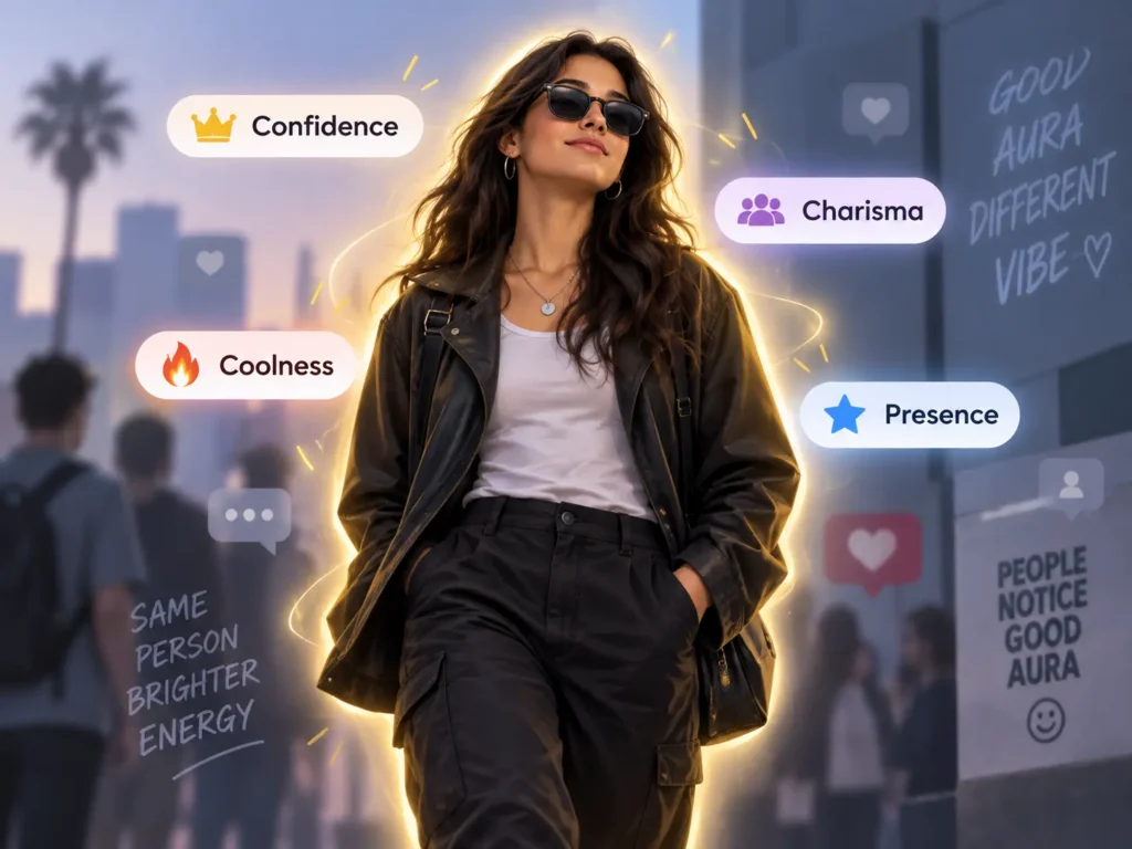 Aura meaning slang image showing a confident person with glowing aura and labels for confidence, charisma, coolness, and presence.