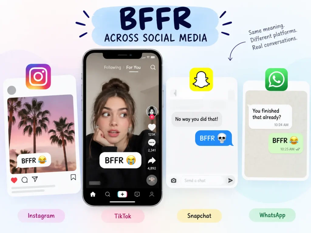 BFFR across social media showing examples on TikTok, Instagram, Snapchat, and WhatsApp to explain how the slang is used online.